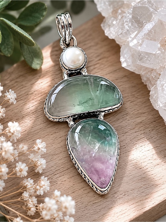 Hand Crafted Jewelry - Natural Fluorite & Pearl Gemstone 2.8” Silver Pendant